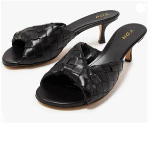 YDN Black Braided Open Toe Slide Sandals Slip On Mid Heeled Mules Dress Shoes